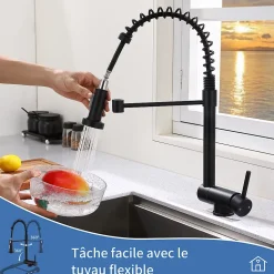 Mitigeur de Cuisine Rabattable Noir Robinet Cuisine à Ressort avec Douchette 2 Modes, Robinet Évier Pliable Rotatif à 360