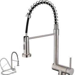 Mitigeur de Cuisine Rabattable Brossé Robinet Cuisine à Ressort avec Douchette 2 Modes, Robinet Évier Pliable Rotatif à 360