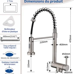 Mitigeur de Cuisine Rabattable Brossé Robinet Cuisine à Ressort avec Douchette 2 Modes, Robinet Évier Pliable Rotatif à 360
