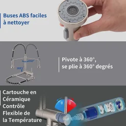 Mitigeur de Cuisine Rabattable Brossé Robinet Cuisine à Ressort avec Douchette 2 Modes, Robinet Évier Pliable Rotatif à 360