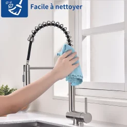Mitigeur de Cuisine Rabattable Brossé Robinet Cuisine à Ressort avec Douchette 2 Modes, Robinet Évier Pliable Rotatif à 360