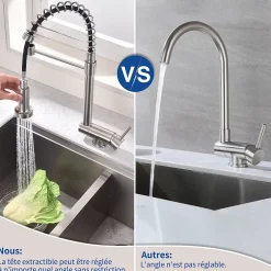 Mitigeur de Cuisine Rabattable Brossé Robinet Cuisine à Ressort avec Douchette 2 Modes, Robinet Évier Pliable Rotatif à 360