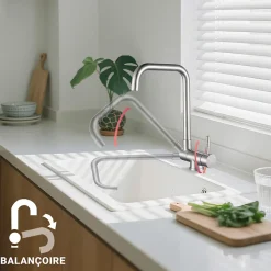 Mitigeur de cuisine repliable : Régulation chaud/froid, rotation 360, acier inoxydable Brossé
