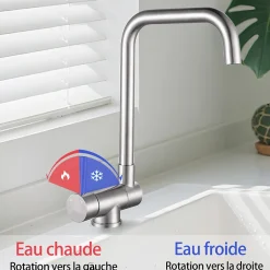 Mitigeur de cuisine repliable : Régulation chaud/froid, rotation 360, acier inoxydable Brossé