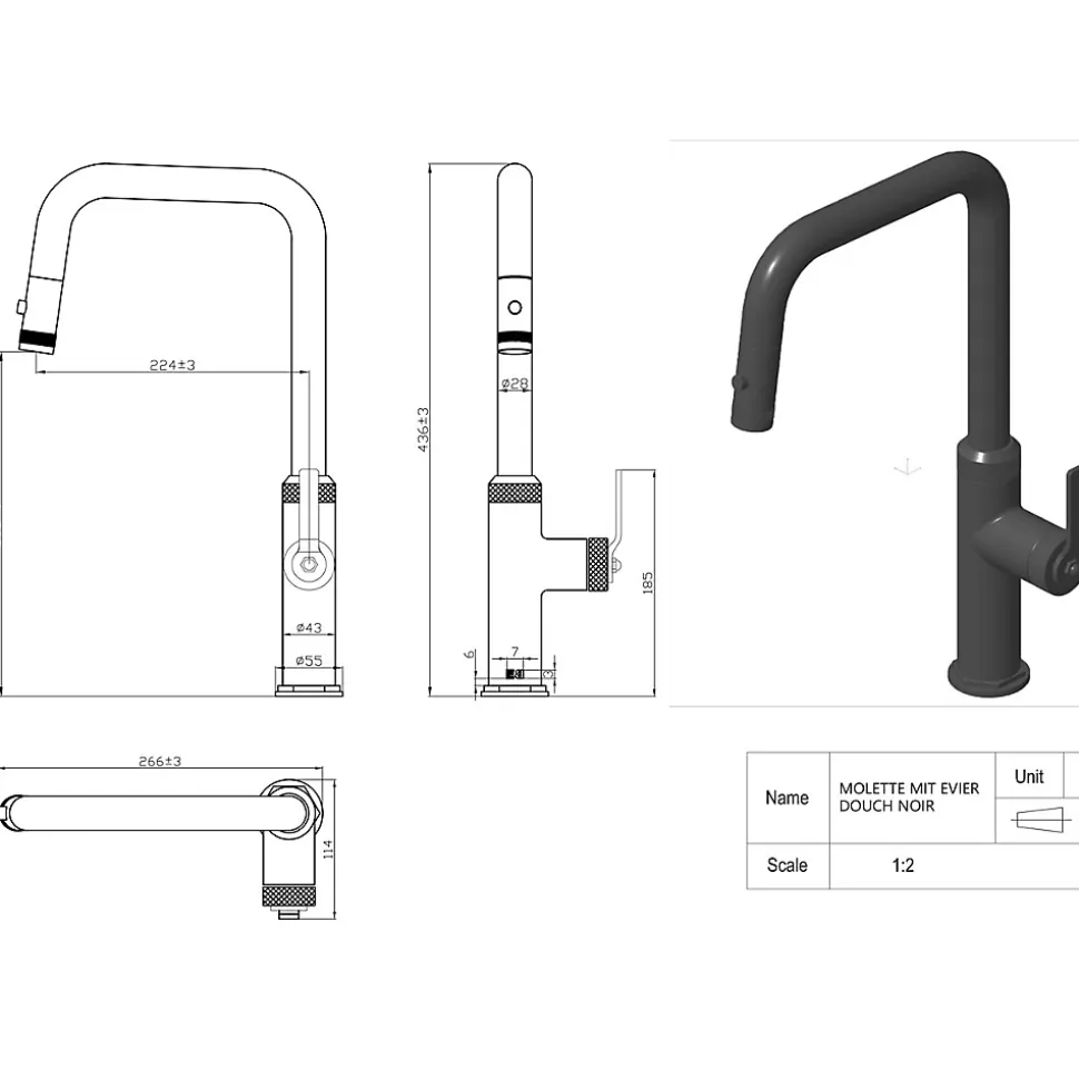 Mitigeur évier à douchette extractible noir mat Essebagno Molette