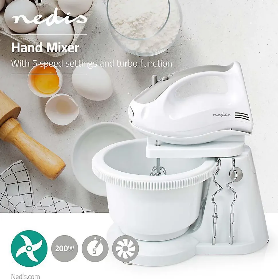 Mixeur Batteur à main 200W 5 Vitesses Fonction Turbo Blanc NEDIS
