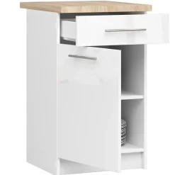 Mobile da cucina indipendente: 1 cassetto, 1 anta, 2 ripiani, bianco / bianco lucido, 50 x 85 x 46 cm