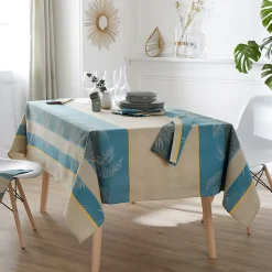 Nappe rectangle 150x300 cm PALMIER bleu lagon Jacquard coton +