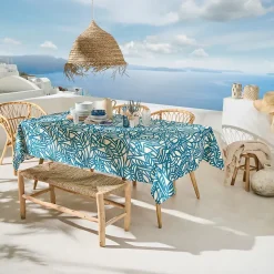 Nappe rectangulaire coton enduit feuillage abstrait (160x350 cm - Bleu)