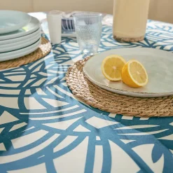 Nappe rectangulaire coton enduit feuillage abstrait (160x350 cm - Bleu)