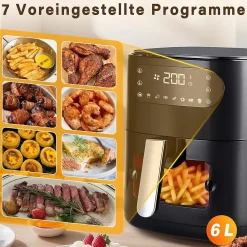 Nettlife Friteuse à air chaud 6 L, panier unique, fenêtre de visualisation -7 programmes de cuisson, friteuse à air chaud (noir)
