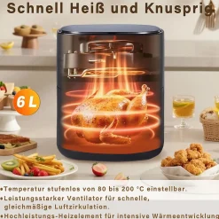 Nettlife Friteuse à air chaud 6 L, panier unique, fenêtre de visualisation -7 programmes de cuisson, friteuse à air chaud (noir)