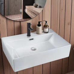 NETTLIFE Vasque à Poser Carrée, L51 x P42 cm, Lavabo de Salle de Bain en Céramique Blanche.