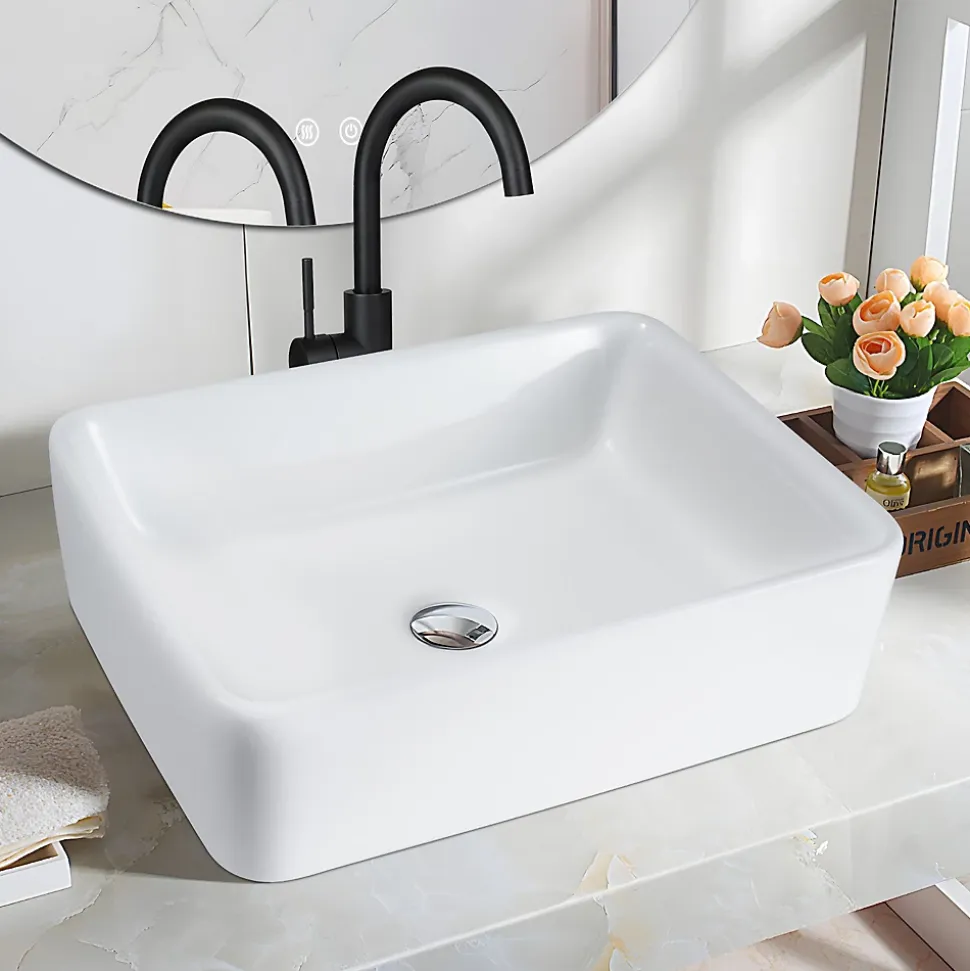 NETTLIFE vasque à poser, Lavabo de salle de bain céramique - vasque à poser carrée blanche L40 x P30cm