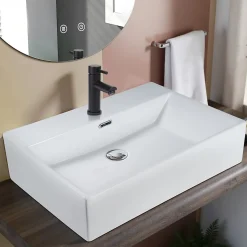 NETTLIFE vasque à poser, Lavabo de salle de bain céramique Blanc - Vasque carrée L60 x P42cm