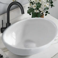 NETTLIFE vasque à poser, Lavabo de salle de bain ovale effet lotus, blanc L41 x P33cm