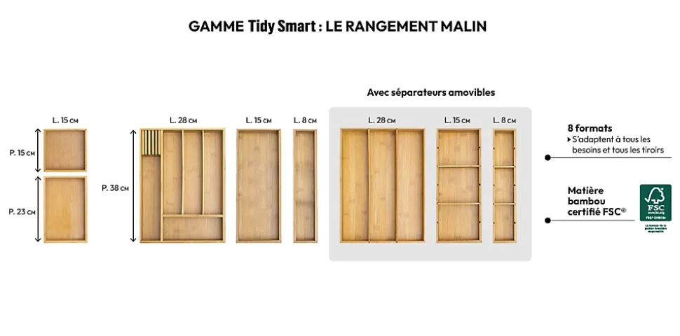 Organiseur modulable 3 bacs 38x8cm Tidy Smart Bambou - 5Five