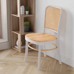 Pack de 2 chaises Vesta Couleur Blanc/chêne, Bois Massif et Rotin naturel
