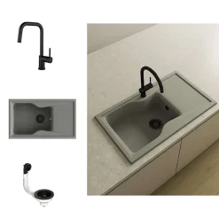 Pack Evier 1 bac avec égouttoir POALGI City Ash + mitigeur avec douchette + bonde noire