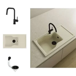 Pack Evier 1 bac avec égouttoir POALGI City Pumice + mitigeur avec douchette + bonde noire