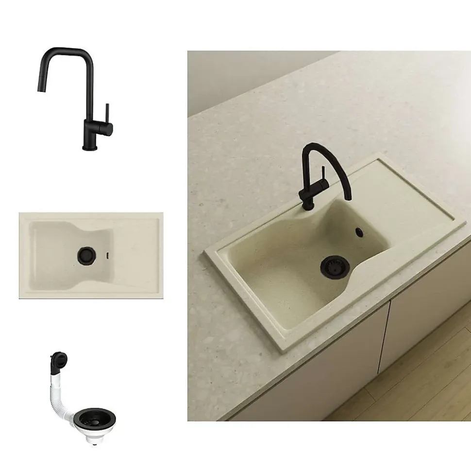 Pack Evier 1 bac avec égouttoir POALGI City Pumice + mitigeur avec douchette + bonde noire