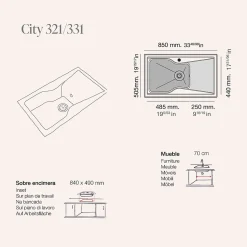 Pack Evier 1 bac avec égouttoir POALGI City Basalt + mitigeur avec douchette + bonde noire