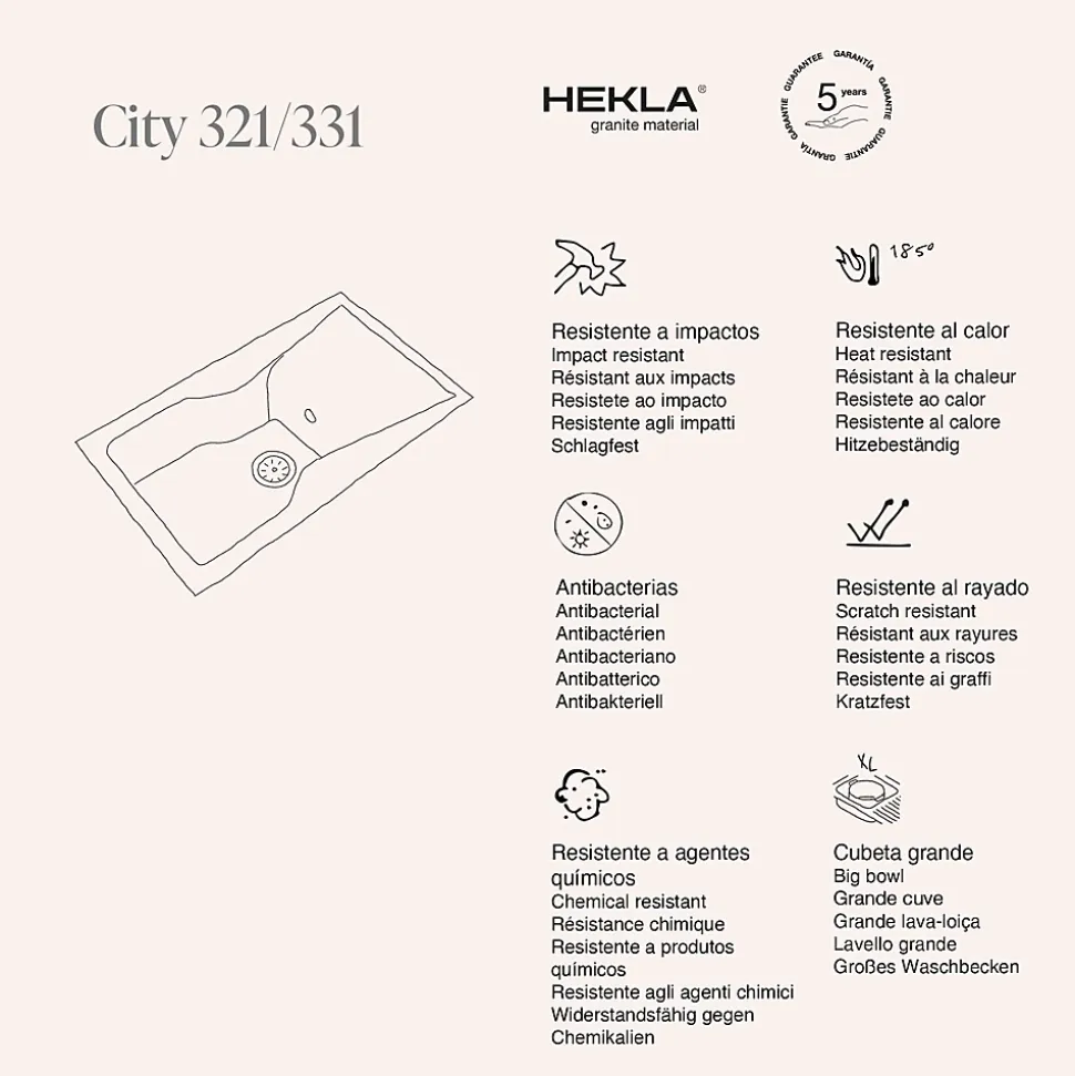 Pack Evier 1 bac avec égouttoir POALGI City Basalt + mitigeur avec douchette + bonde noire