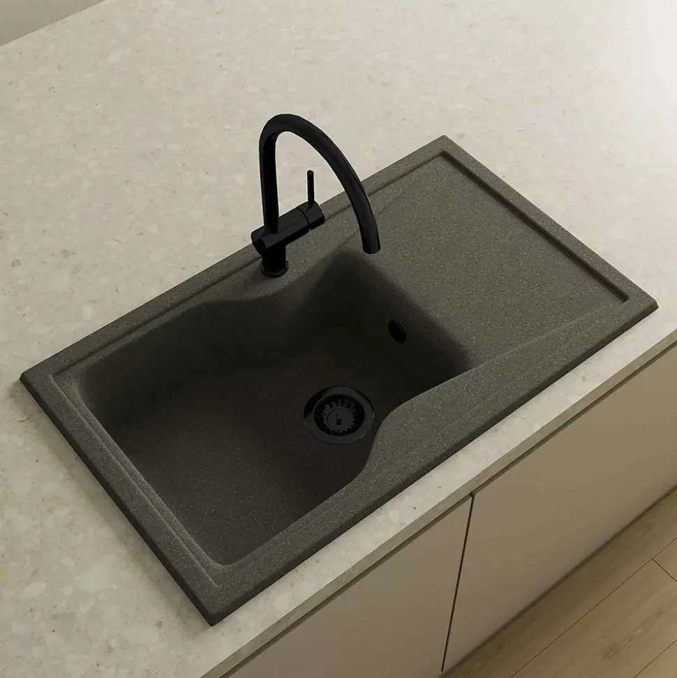 Pack Evier 1 bac avec égouttoir POALGI City Basalt + mitigeur avec douchette + bonde noire