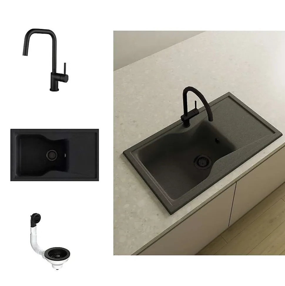 Pack Evier 1 bac avec égouttoir POALGI City Basalt + mitigeur avec douchette + bonde noire