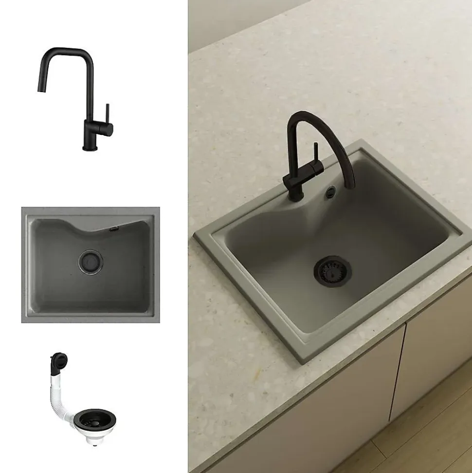 Pack Evier 1 bac POALGI City Ash + mitigeur avec douchette + bonde noire