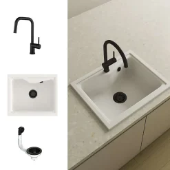 Pack Evier 1 bac POALGI City Snow + mitigeur avec douchette + bonde noire