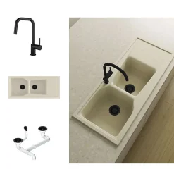 Pack Evier 2 bacs avec égouttoir POALGI City Pumice + mitigeur avec douchette + bonde noire