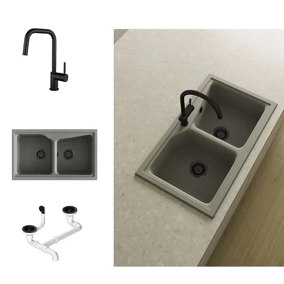 Pack Evier 2 bacs POALGI City Ash + mitigeur avec douchette + bonde noire