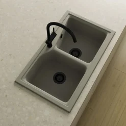 Pack Evier 2 bacs POALGI City Ash + mitigeur avec douchette + bonde noire