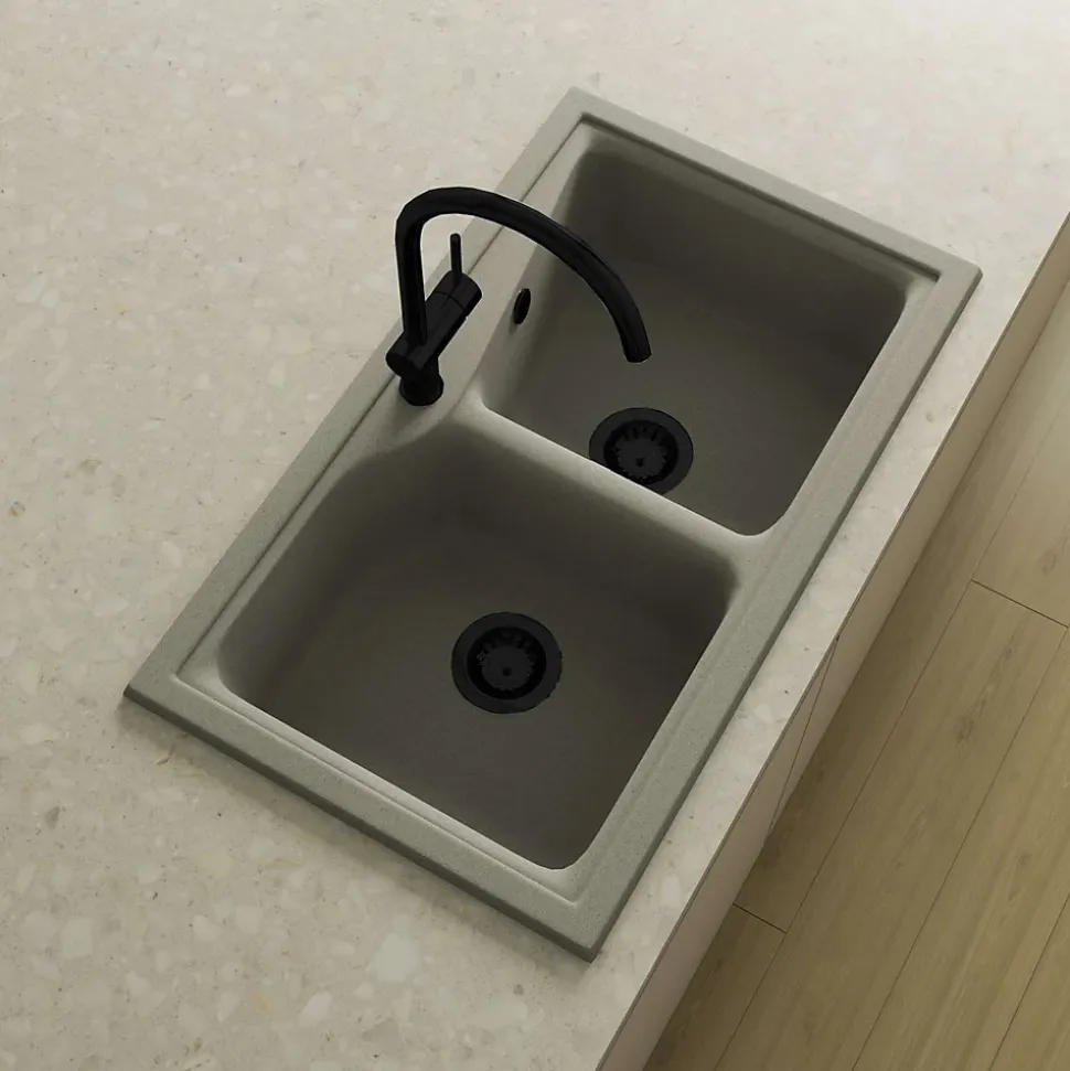 Pack Evier 2 bacs POALGI City Ash + mitigeur avec douchette + bonde noire