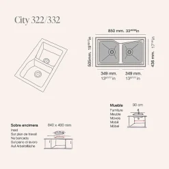 Pack Evier 2 bacs POALGI City Pumice + mitigeur avec douchette + bonde noire