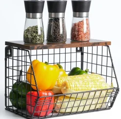 Panier à Fruits Suspendu Mural avec Couvercle en Bois