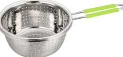 Passoire perforée en acier inoxydable avec long manche vert