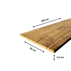 Plan de travail bois massif Teck lamellé abouté L.250 x P.65 cm, Ep.26 mm