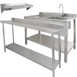 Plan de Travail 180cm, Evier en acier - Egouttoir à gauche et Etagère Murale