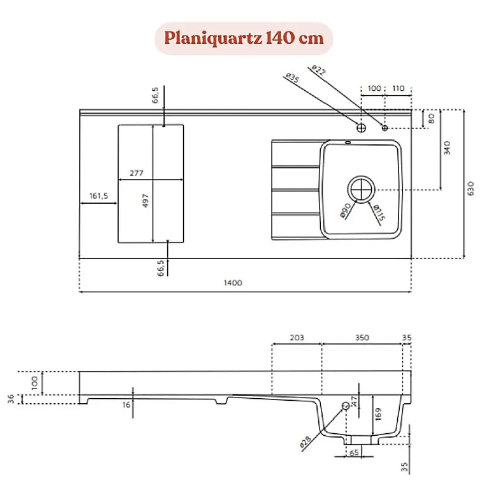 Plan de travail monobloc PlaniQuartz avec évier - 140 cm - Snova - évier à gauche - Plaque de cuisson Non inclus
