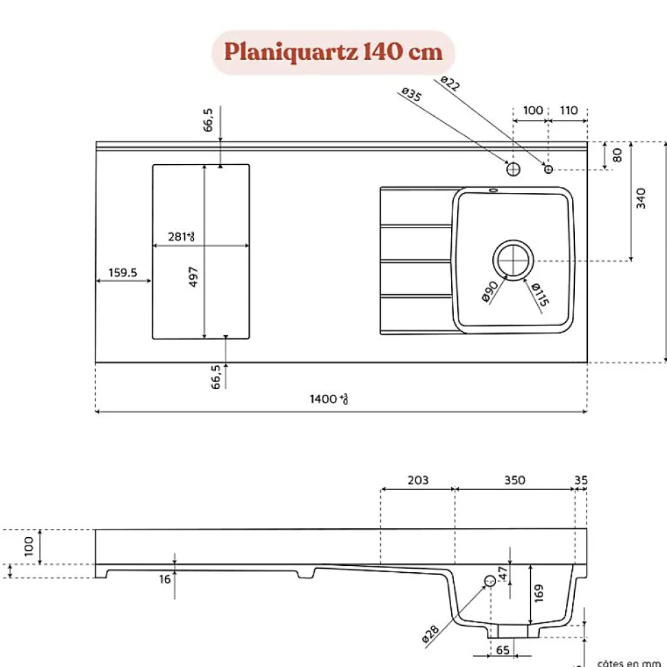 Plan de travail monobloc PlaniQuartz avec évier - 140 cm - Snova - évier à gauche - Plaque de cuisson Non inclus