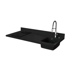 Plan de travail monobloc PlaniQuartz avec évier - 140 cm - Nero - évier à droite - Plaque de cuisson Induction
