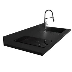 Plan de travail monobloc PlaniQuartz avec évier - 140 cm - Nero - évier à droite - Plaque de cuisson Induction