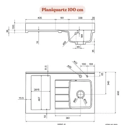 Plan de travail monobloc PlaniQuartz avec évier - 100 cm - Cromo - évier à gauche - Plaque de cuisson Vitrocéramique