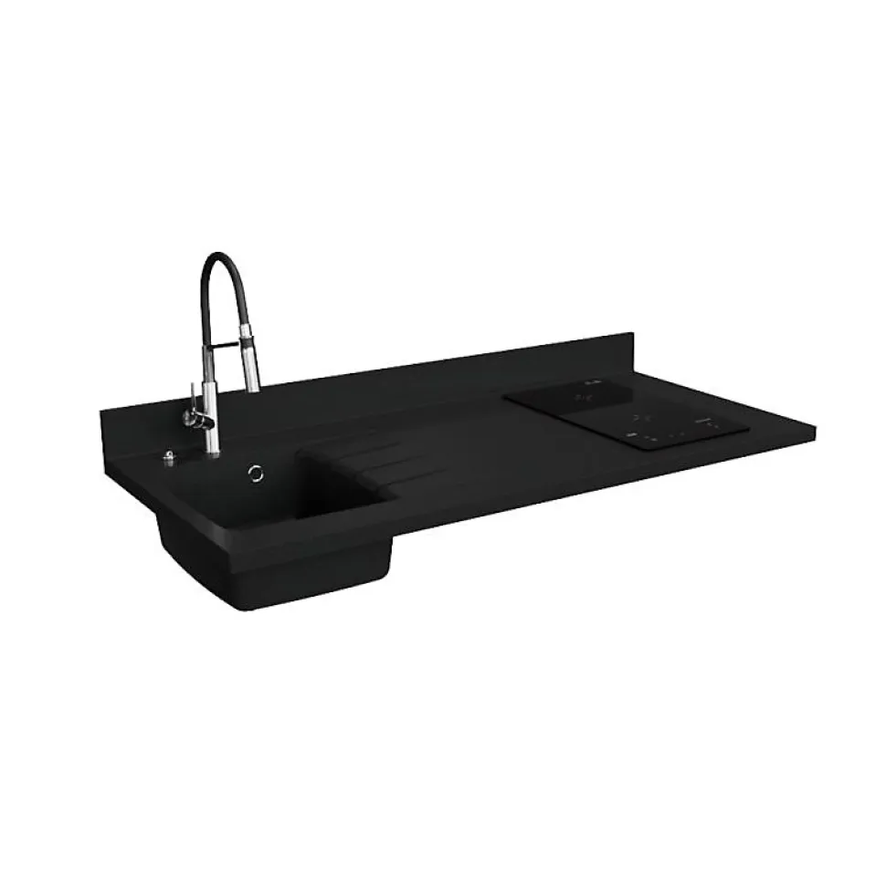 Plan de travail monobloc PlaniQuartz avec évier - 140 cm - Nero - évier à gauche - Plaque de cuisson Induction