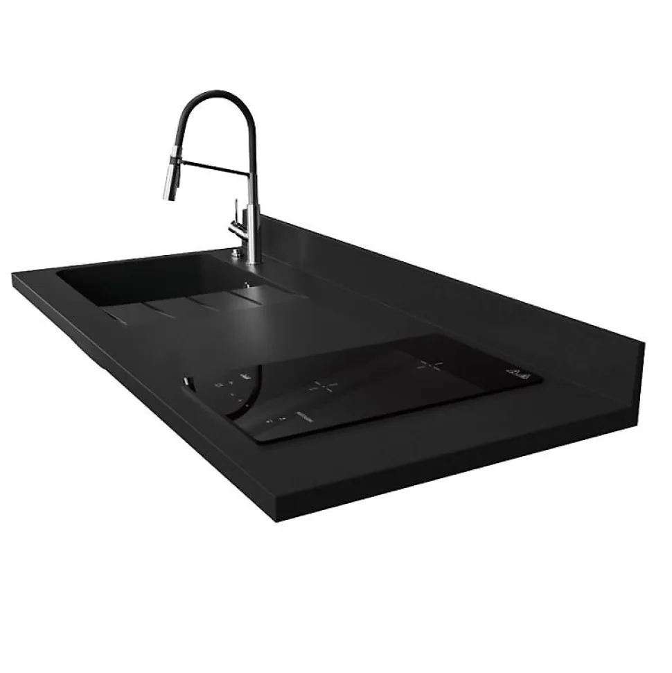 Plan de travail monobloc PlaniQuartz avec évier - 140 cm - Nero - évier à gauche - Plaque de cuisson Induction