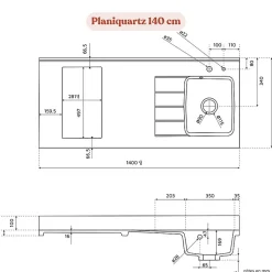 Plan de travail monobloc PlaniQuartz avec évier - 140 cm - Nero - évier à gauche - Plaque de cuisson Induction