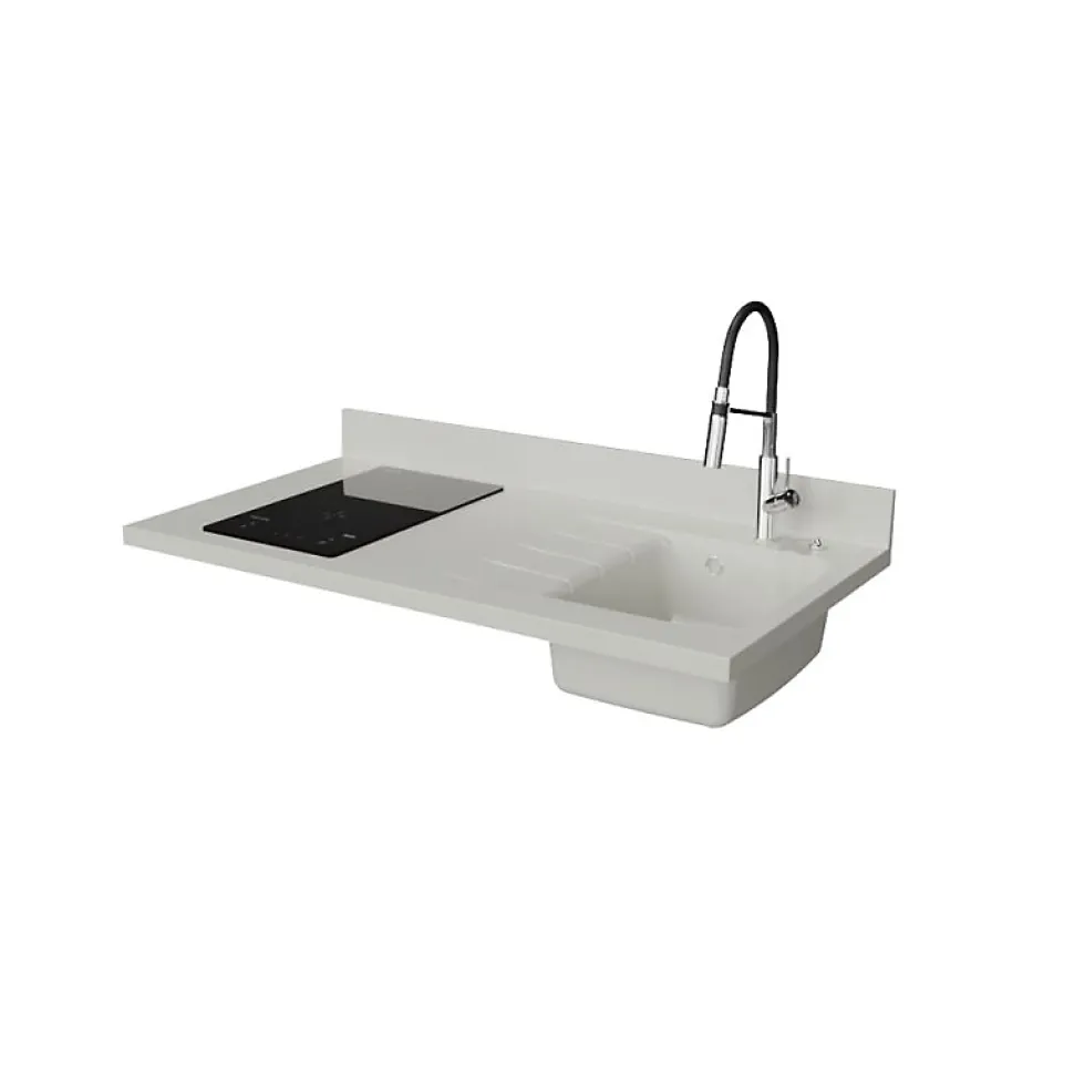 Plan de travail monobloc PlaniQuartz avec évier - 120 cm - Snova - évier à droite - Plaque de cuisson Induction