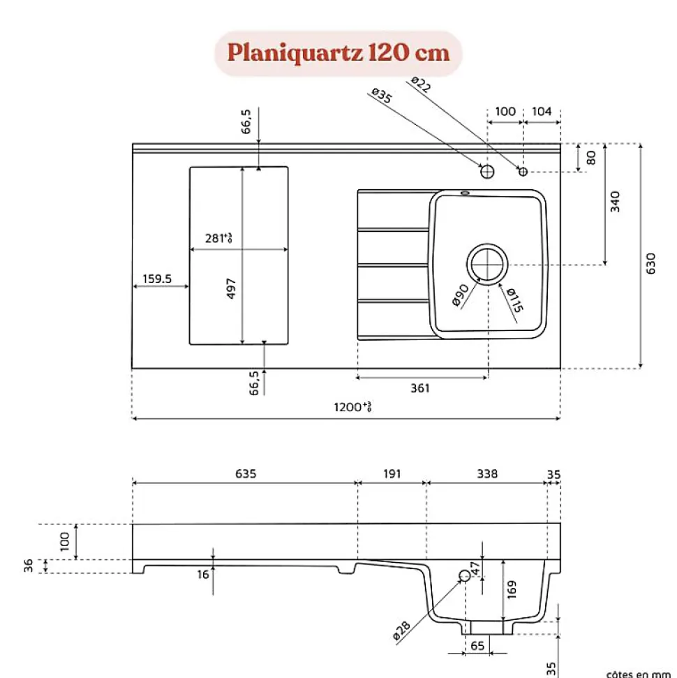 Plan de travail monobloc PlaniQuartz avec évier - 120 cm - Snova - évier à droite - Plaque de cuisson Induction